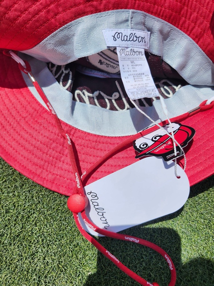 Malbon Golf Bucket Hat Red | Embroidered Script Logo | Adjustable Strap | New