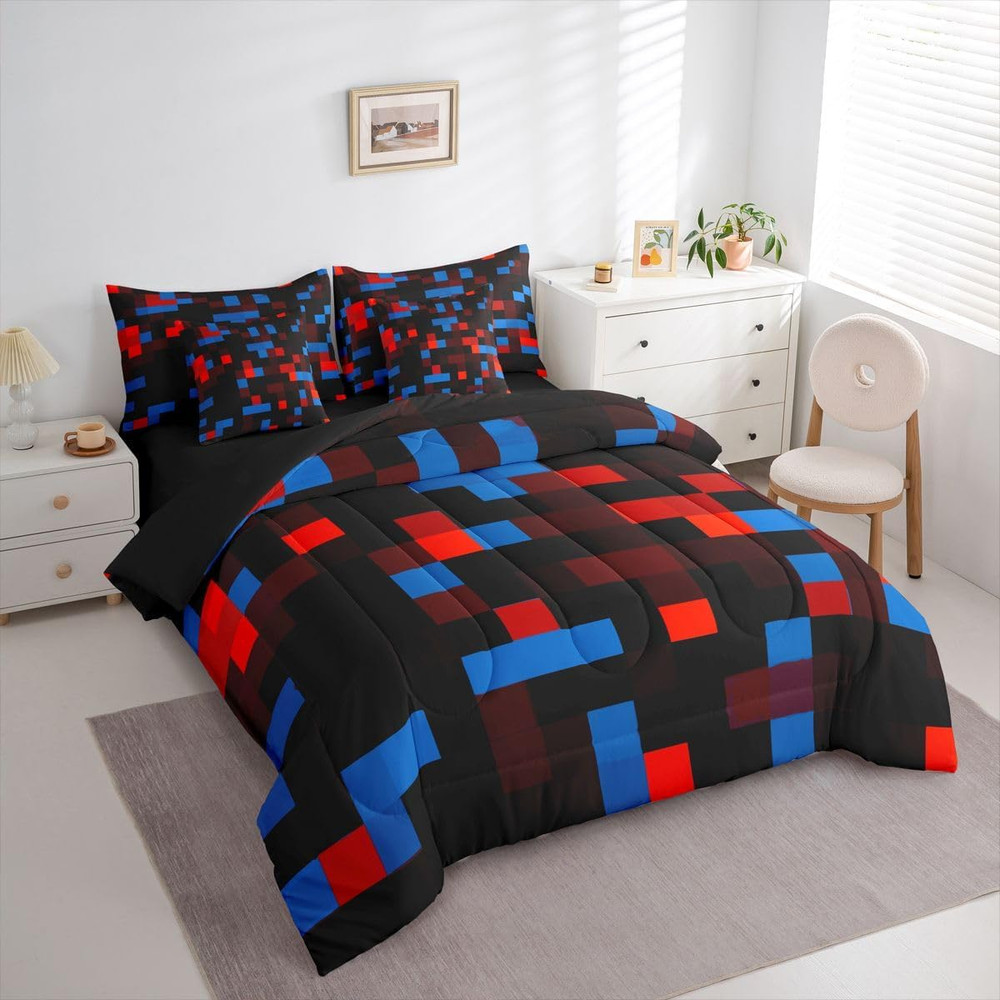 Pixelated Red Blue Black Queen Size Comforter Set with Sheets，Pillowcases & Cush
