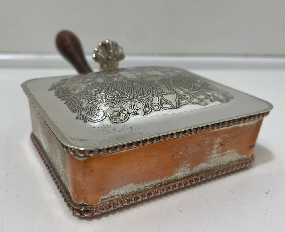 Silver Plate Rectangular Box Crumb Tray with Handle Engraved Artwork Vintage
