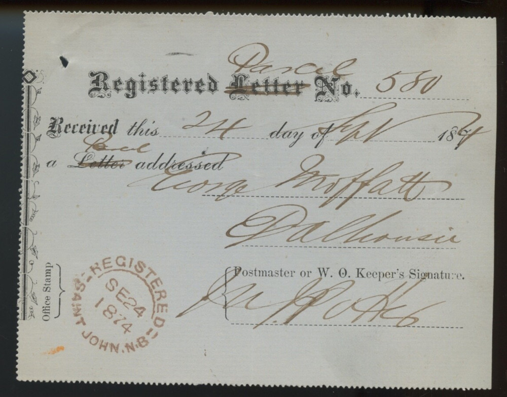 🍁 1874 Registered PARCEL  receipt Saint John, N.B. nice Canada