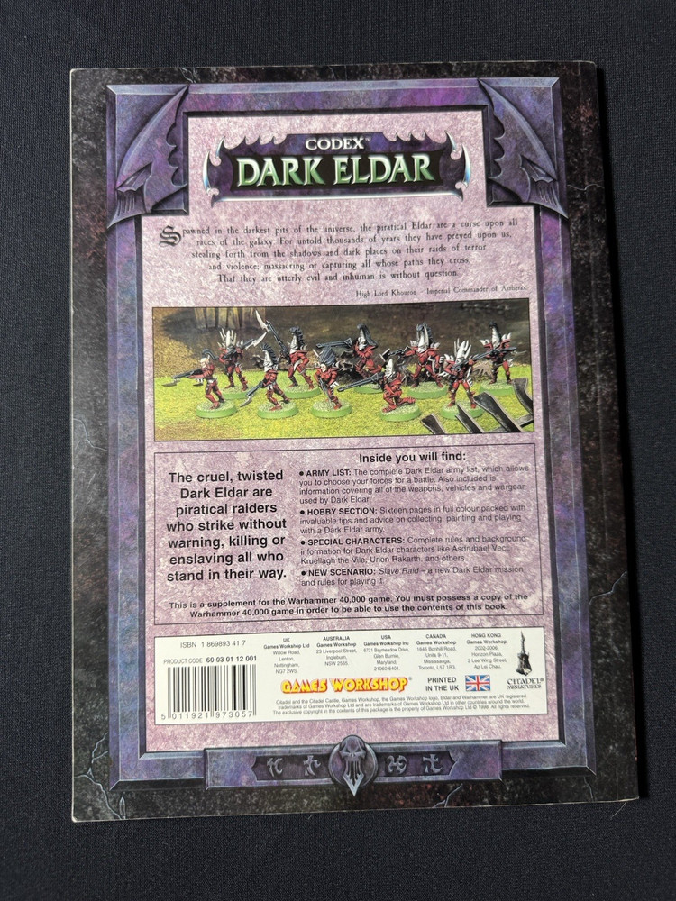 Warhammer 40K Codex: DARK ELDAR (Vtg PB, 1998) Games Workshop Rare OOP