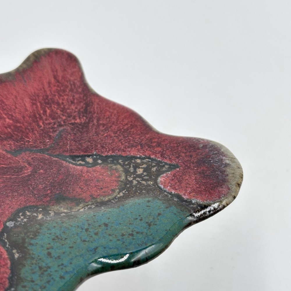 Studio Art Pottery Trinket Dish Candle Holder Red Turquoise Abstract Shape