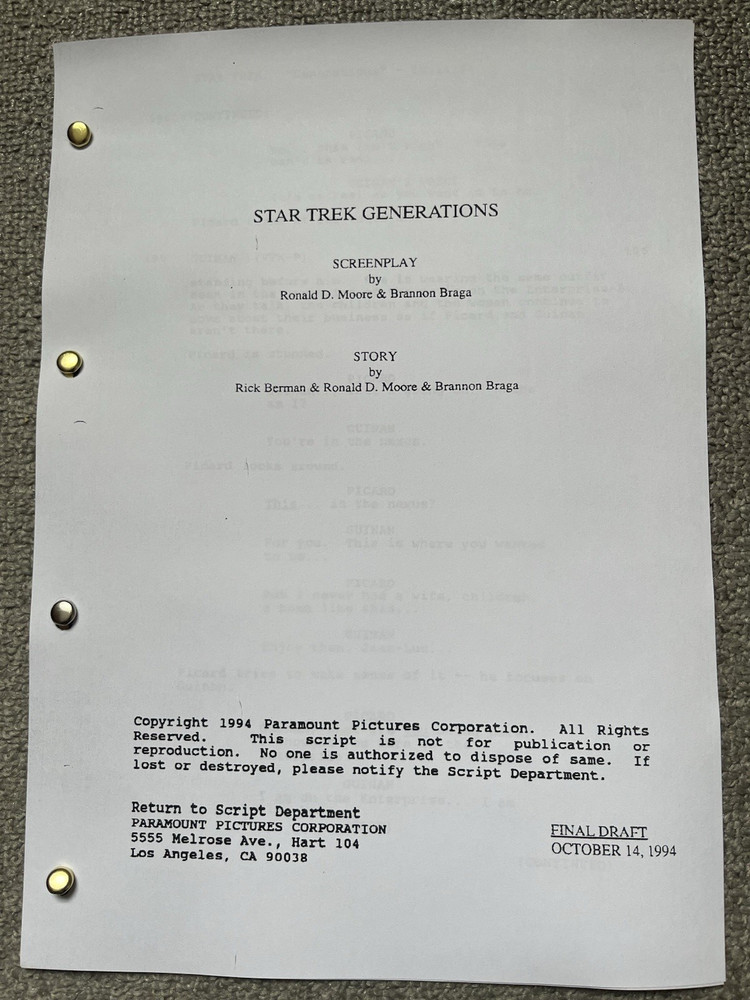 Star Trek Generations Film Script. William Shatner, Patrick Stewart.