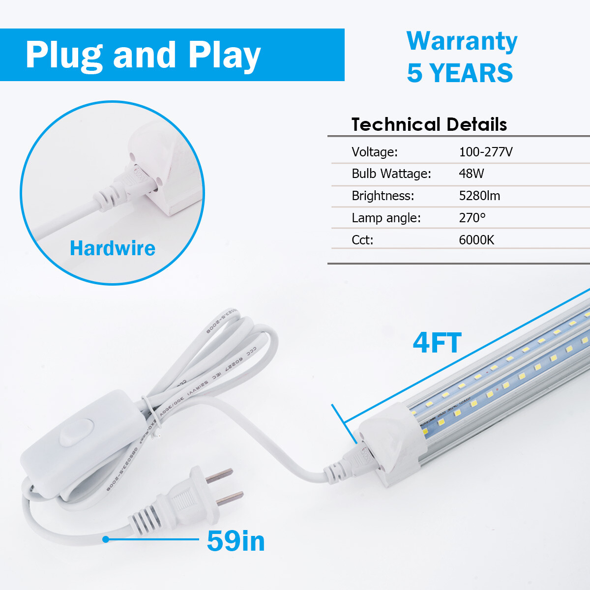 T8 4FT LED Shop Light 40W V Shape Tube Linkable Fixture Super Bright White 6000K