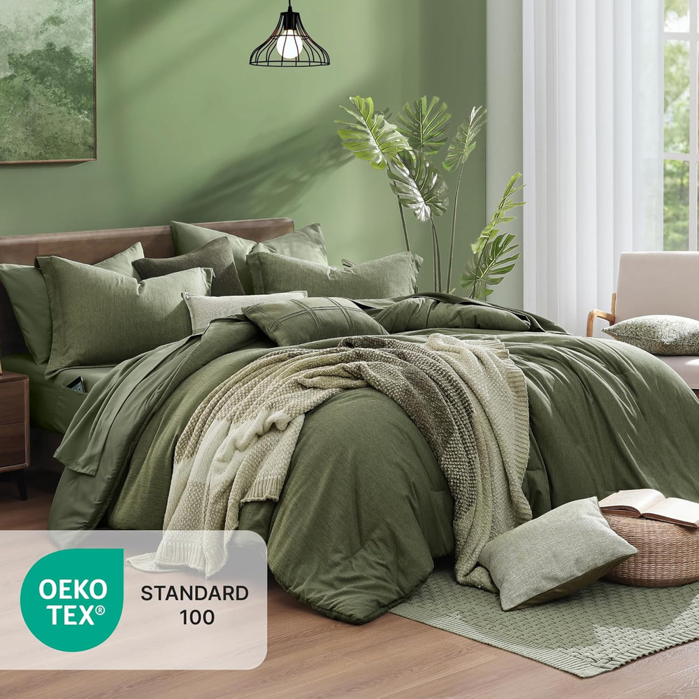 Monbix Queen Comforter Set - 7 Pieces Cationic Dyeing Olive Green Bed