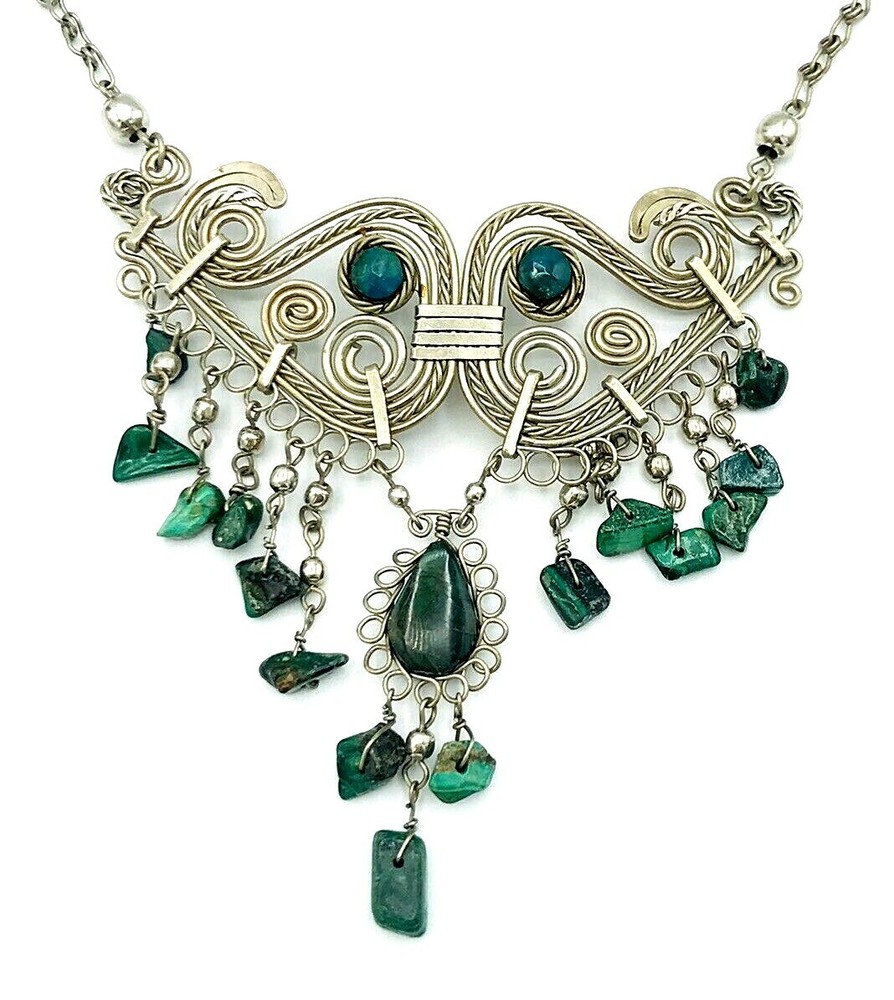 Silver Alloy Malachite BOHO Tribal Necklace