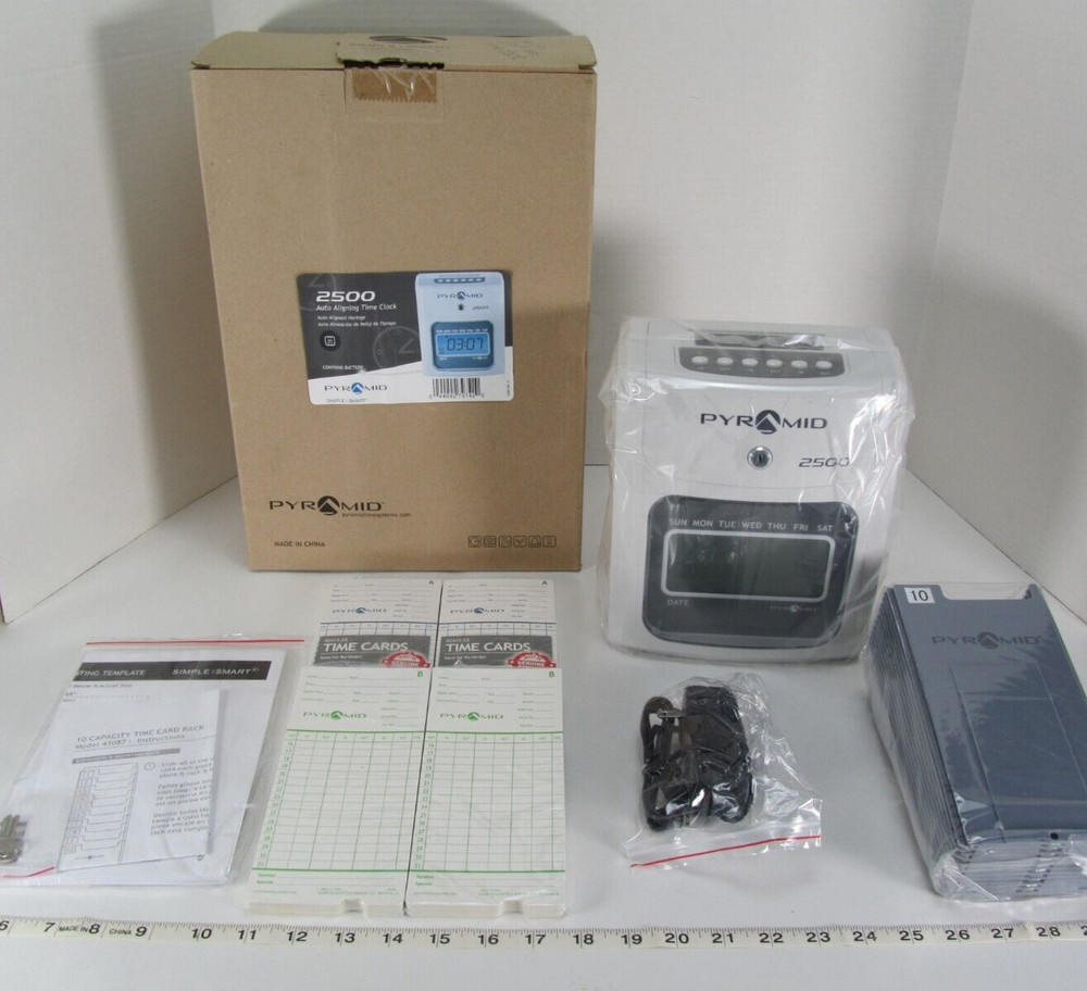 New Pyramid Auto Aligning Time Clock 2500 6 Column with Time Cards & Rack LCD