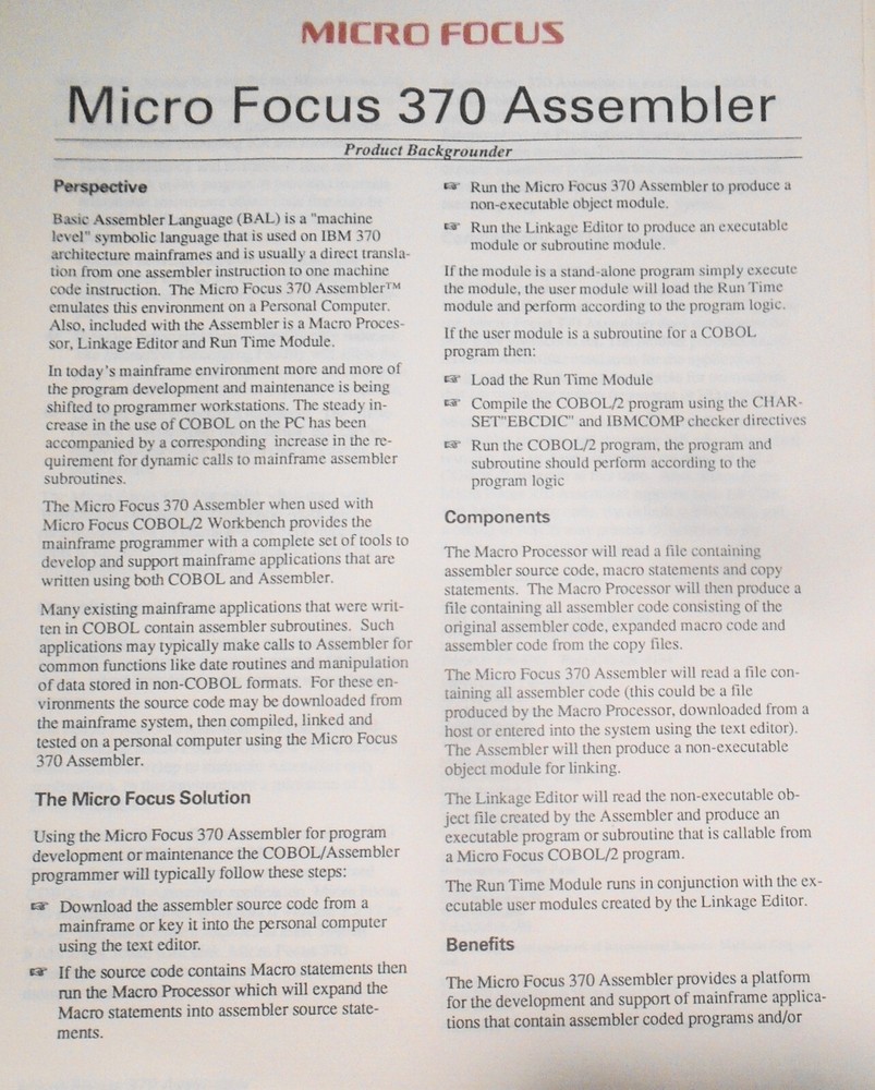 Micro Focus COBOL - 4 Brochures, 1989: Dialog System, 370 Assembler, Data Tools