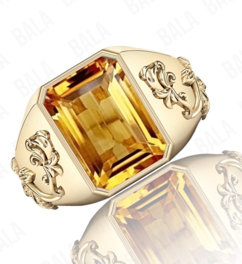 Handmade 925 Sterling Silver Citrine Ring, Rectangular Emerald Cut Yellow Quartz