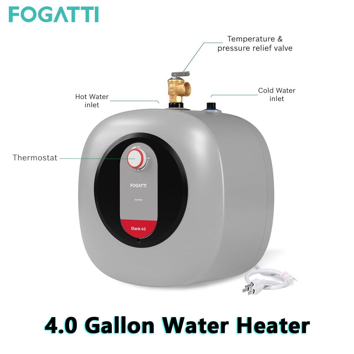 FOGATTI 4 Gal Electric Mini Tank Water Heater Instant Hot Boiler Compact 1440W