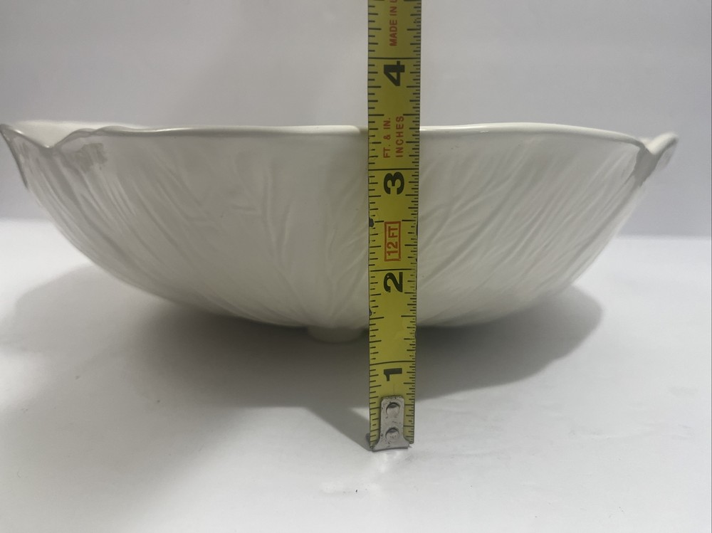 White Cabbage Leaf Ceramic Serving Bowl Hand Painted 12” D
