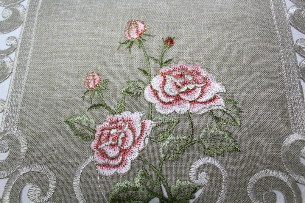 Doily Boutique Table Runner, Doily, Mantel Scarf with Pink Rose on Green Burlap