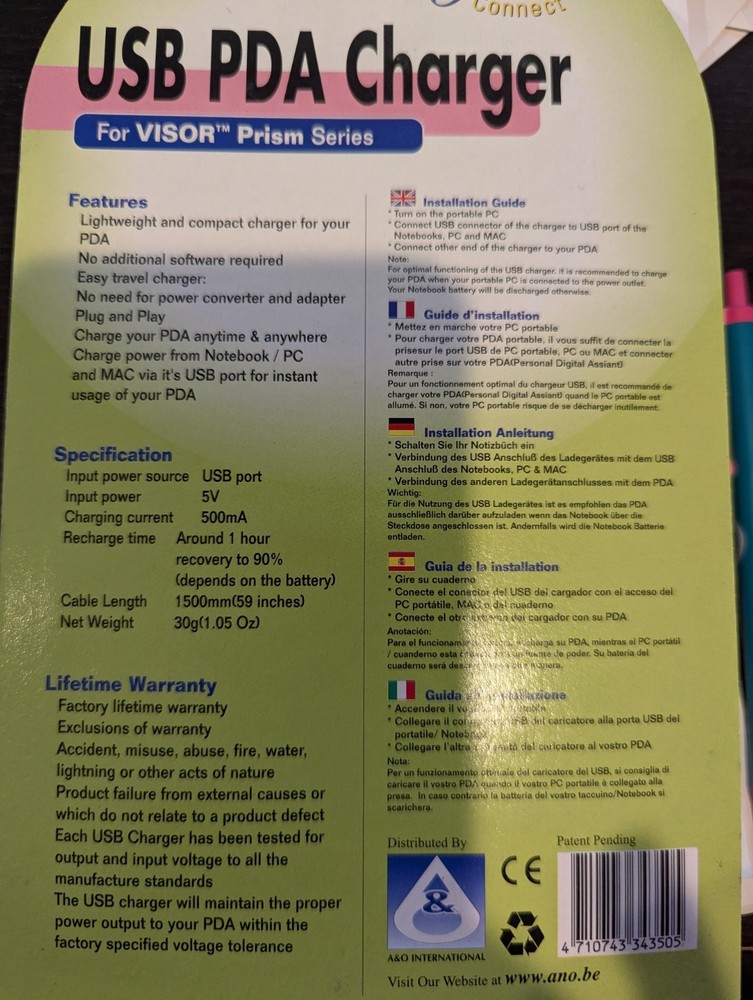 USB PDA Charger for VISOR Prism series PDA's