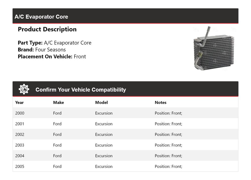 For 2000-2005 Ford Excursion A/C Evaporator Core Front 4 Seasons 2001 2002 2003