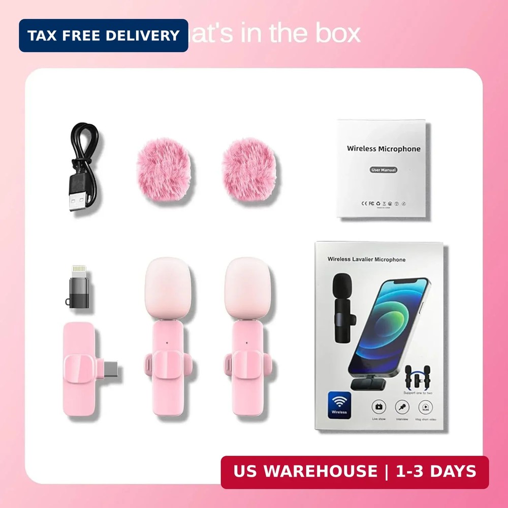 Pink Wireless Lavalier Microphone for iPhone & Android - Mini Clip-On Mic with N