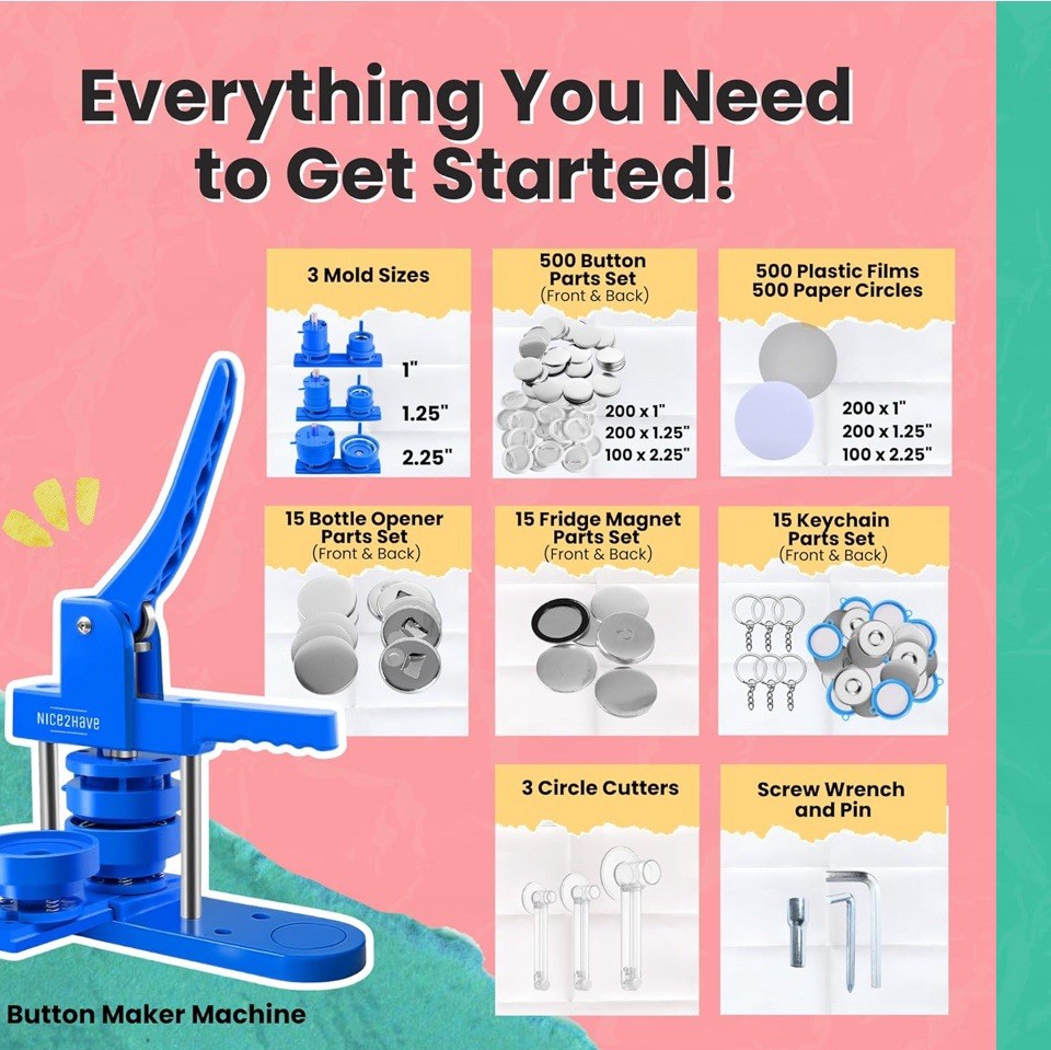 Button Maker Machine, Multiple Size Molds, Pin Maker Kit w/ 500 Buttons 15 Magne