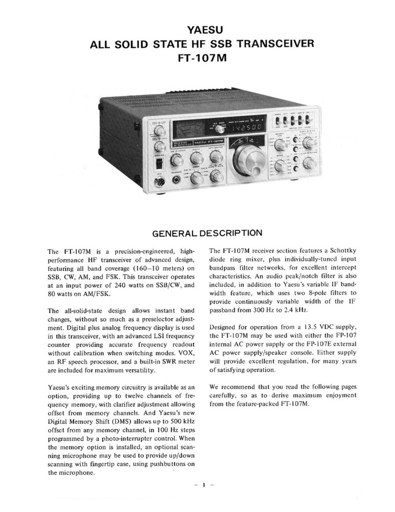 Yaesu FT-107M Transceiver OWNER'S INSTRUCTION MANUAL