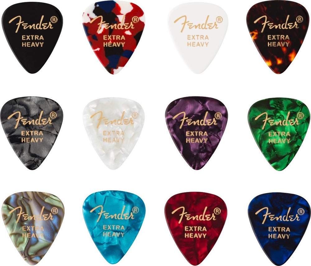 Fender Guitar Picks 351 Shape, Celluloid Color Medley Mix, EXTRA HEAVY (12 PACK)