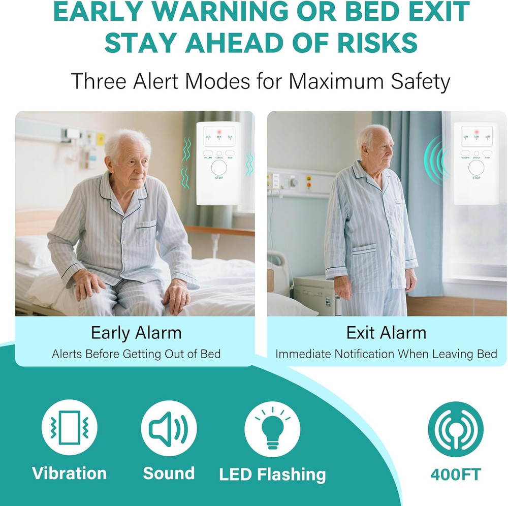 Wireless Bed Alarm for Elderly - Fall Prevention Sensor Pad with Pager - Early &
