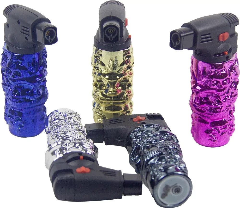 5 Pack 4.3" Jet Torch Gun Lighter Refillable Lockable Adjustable Engraved Skull