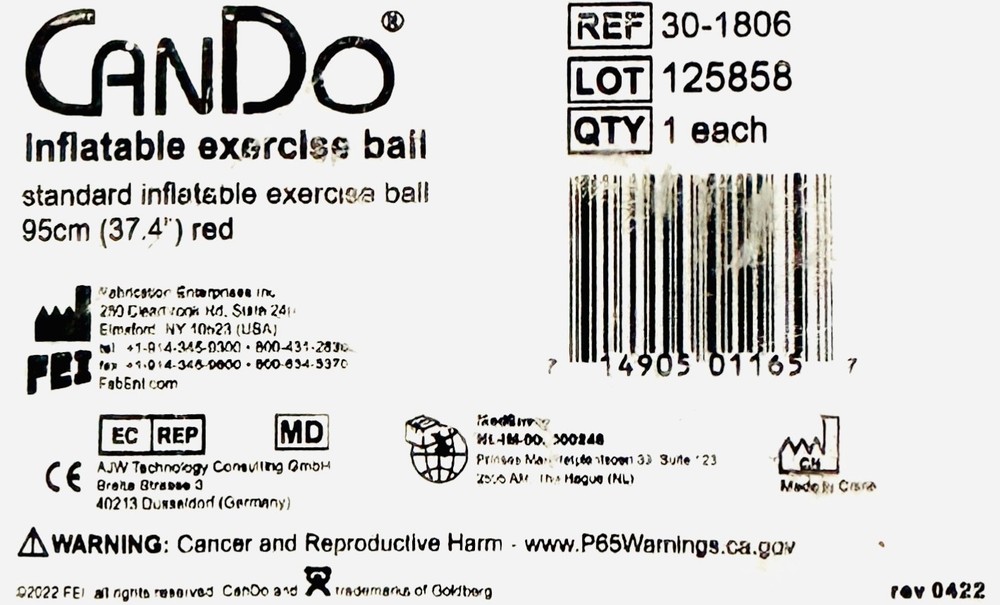 New! CanDo Inflatable Exercise Ball - Red - 38” (95 cm)