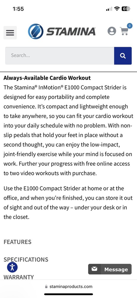 Stamina In Motion E1000 Compact Legs Cardio Workout Strider Elliptical Machine