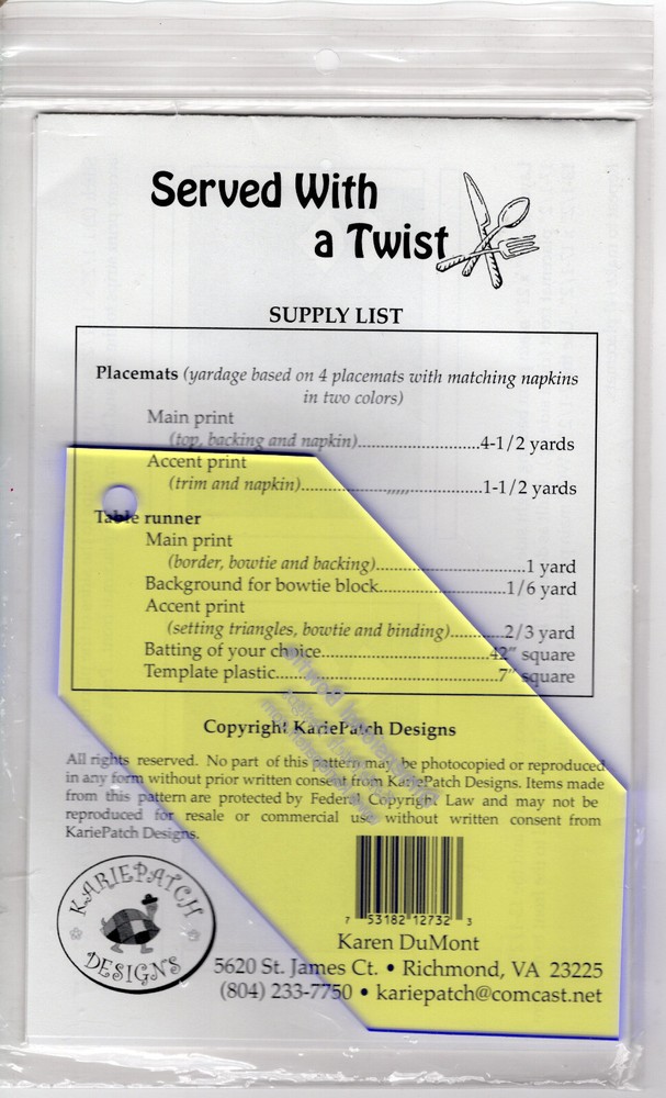 "Served With a Twist" Kariepatch Designs Quilting Pattern/Inst. Pack w/Template