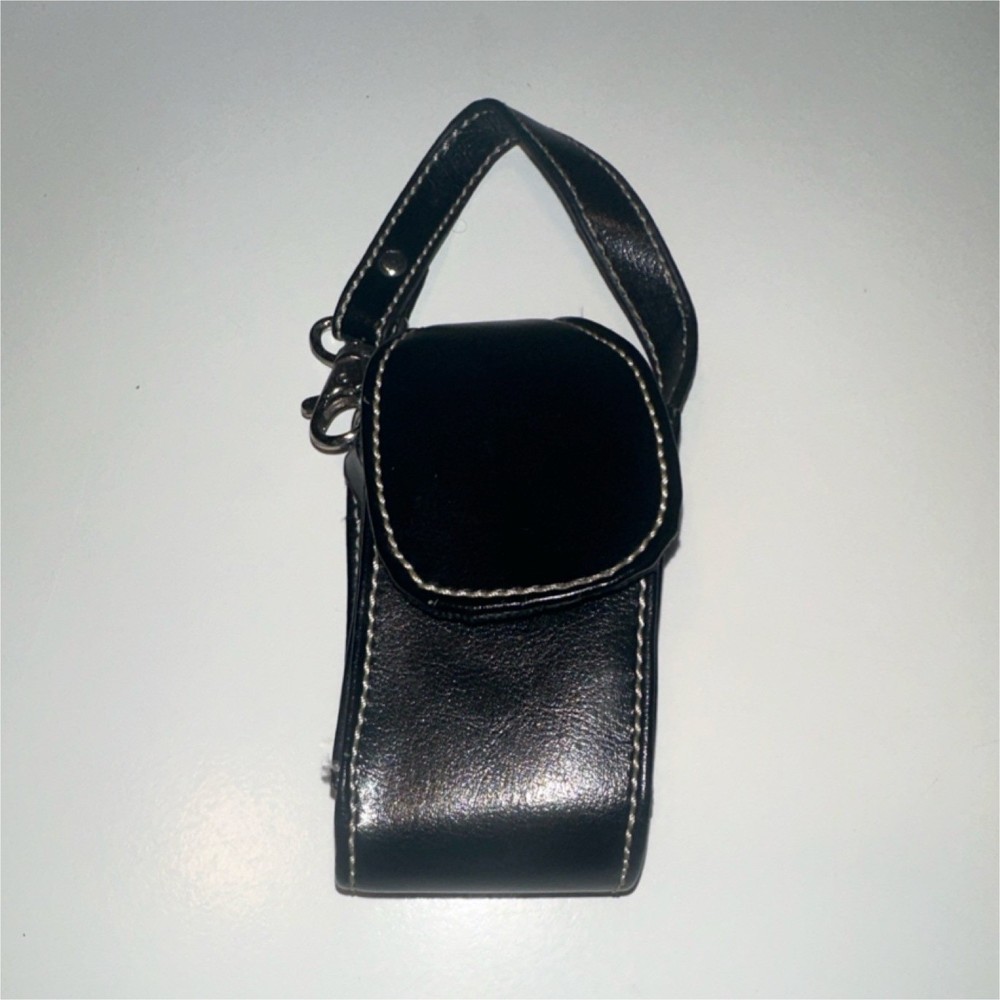 Black Leather Compact Camera Case with Accessory Compartments and Strap