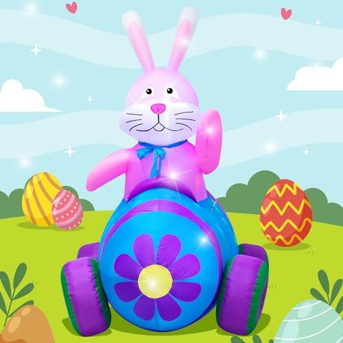 4Ft Easter Inflatables Bunny Decorations with LED 4ft Bunny Driving Car
