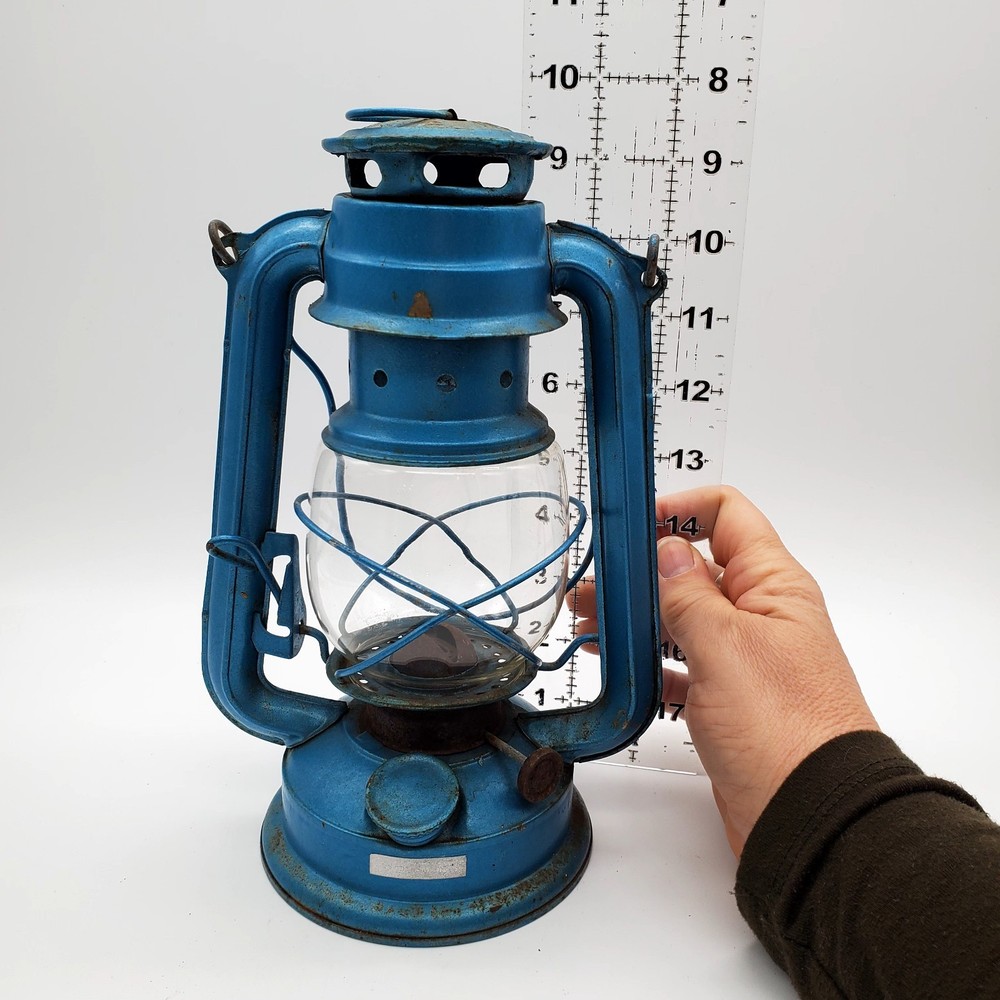 Vintage Blue Lantern Slightly rusty. May work? Great Decor