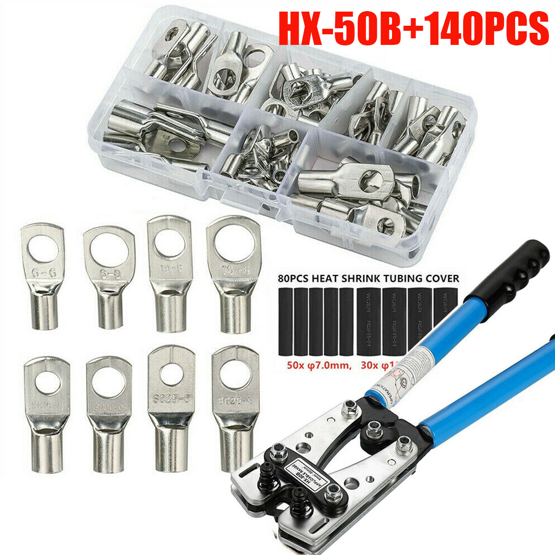140PCS Copper Lugs Ring Terminals Bare Battery Welding Crimp Wire Connectors Kit