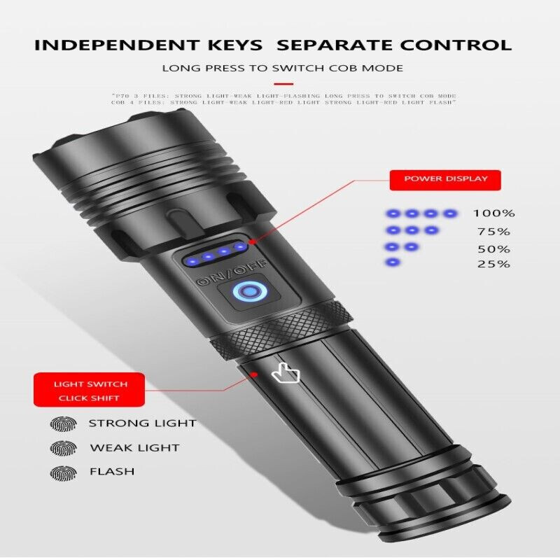 1000000 Lumens Super Bright LED Tactical Flashlight Rechargeable LED Work Light