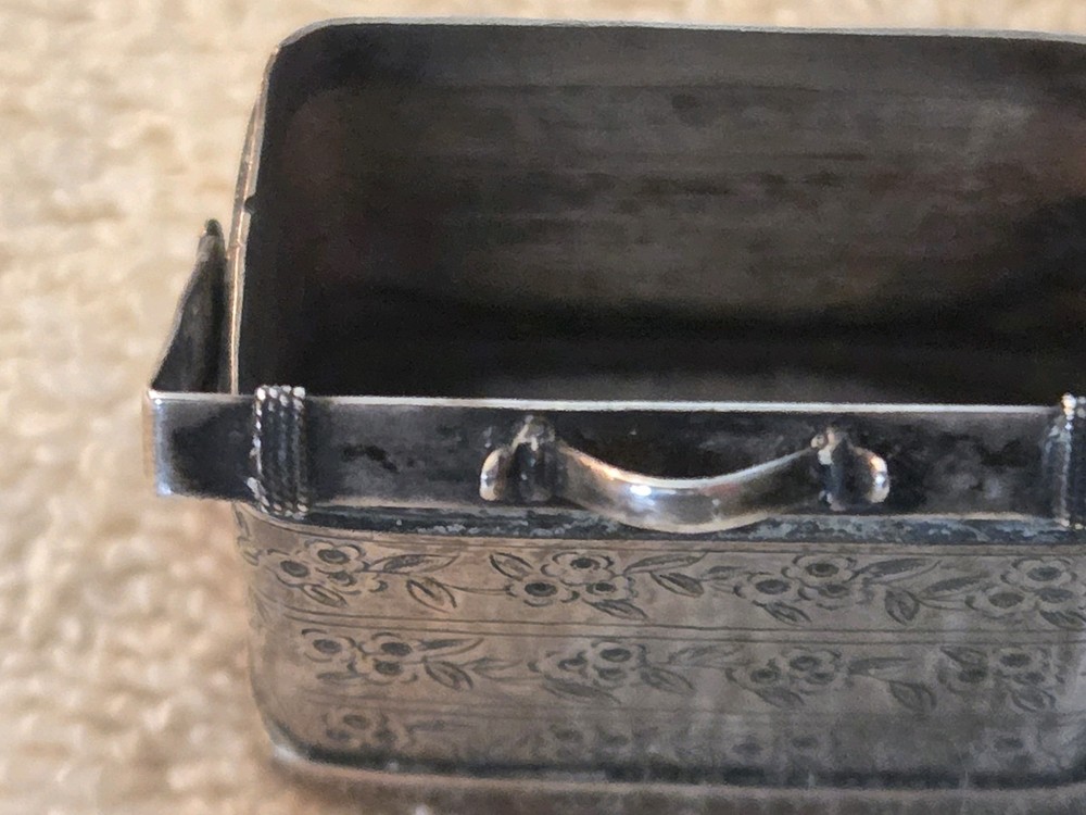 CHINESE Silver Antique Rectangular Lidded/Handled BOX Floral Engraving Marked CS