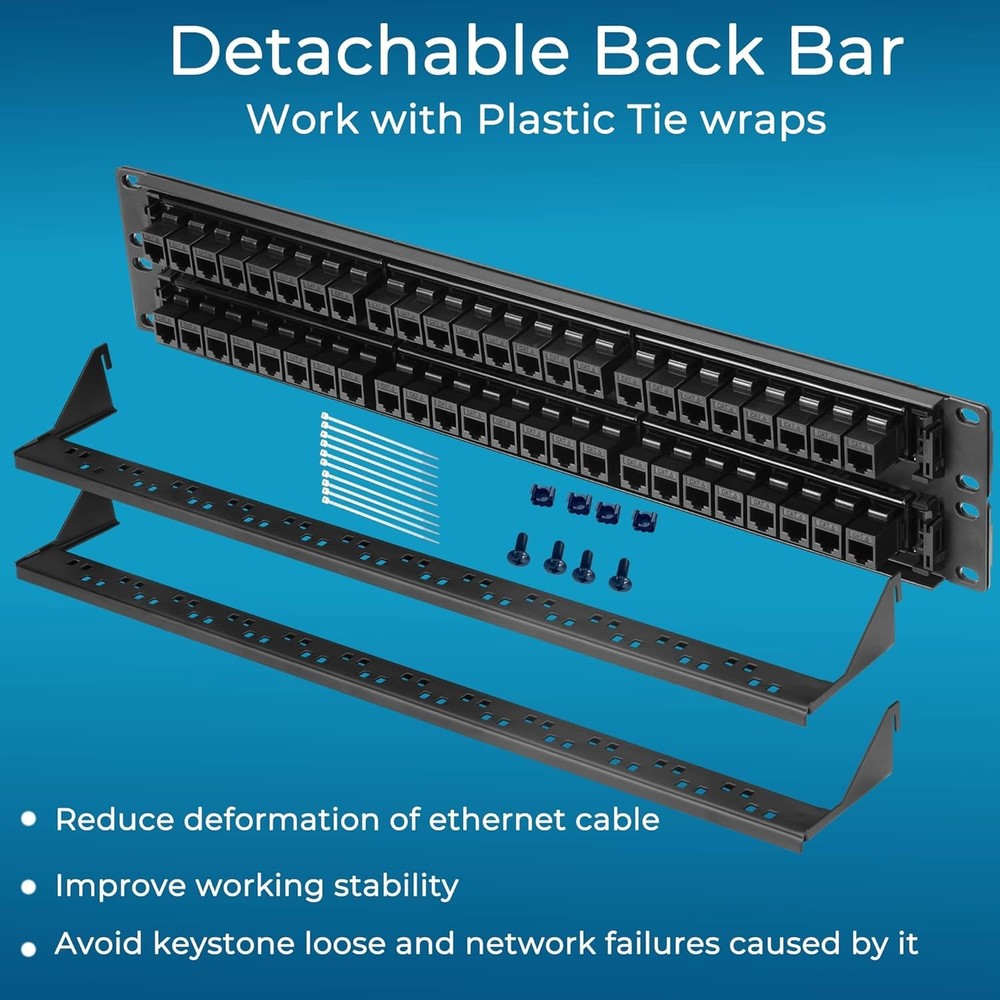 Patch Panel 48 Port Cat6 with Inline Keystone 10G Support, Pass-Thru Coupler 1U