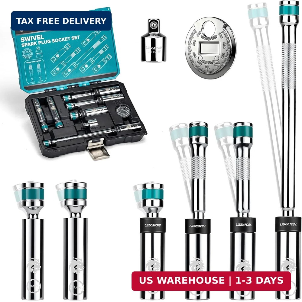 LIBRATON 8PCS 3/8"Dr. Magnetic Spark Plug Socket Set, Include Gapper & Extension