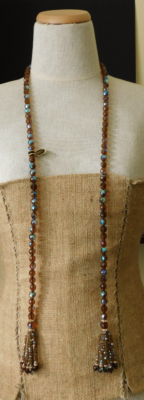 Vintage JOAN RIVERS Lariat Tassel Necklace Brown AB Faceted Beads Flapper NWT