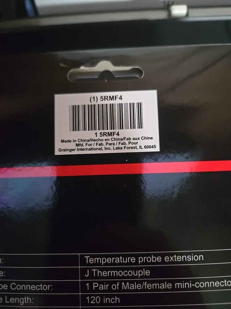 GRAINGER 5RMF4 Type J Thermocouple Extension,Mini,10 ft.