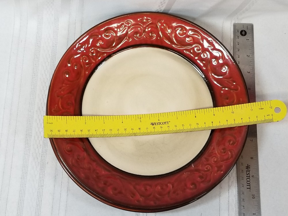 2 Pier 1 Imports Stoneware Red Scroll Dinner Plates