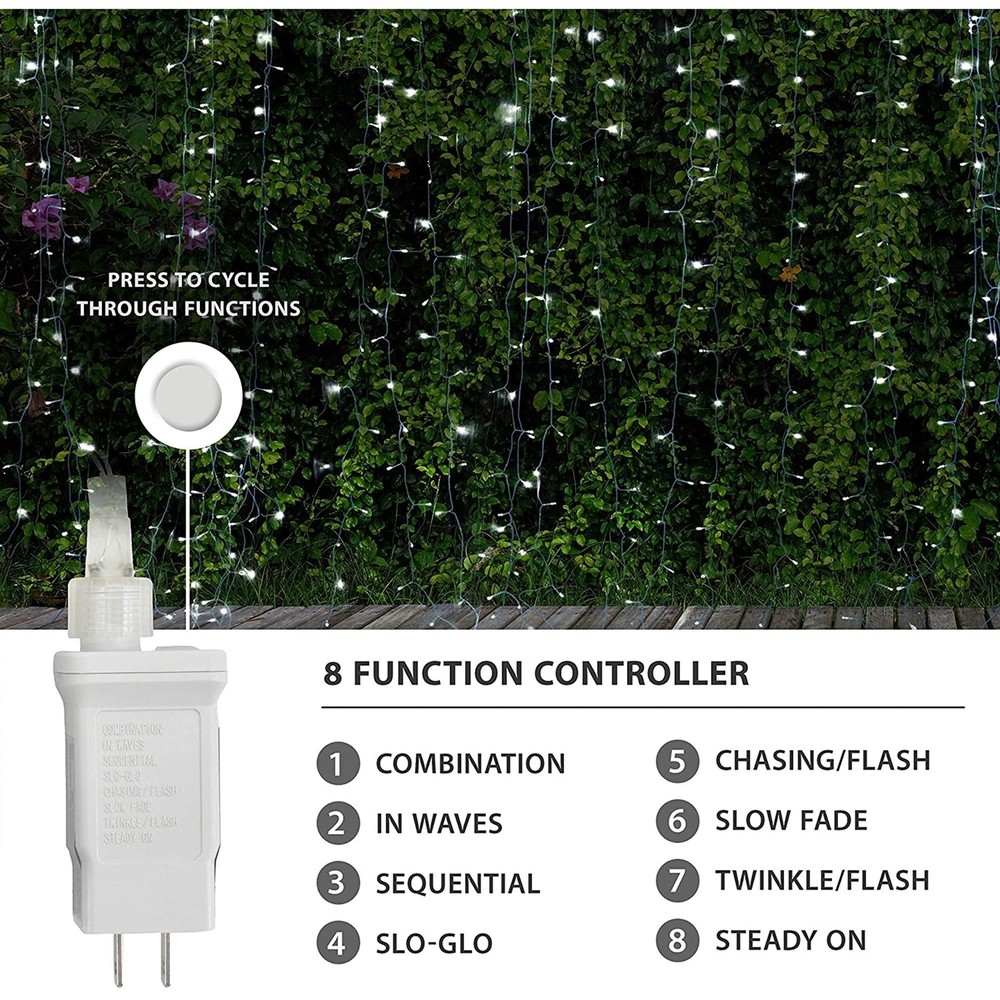Product Works 8 Function, String Light Curtain, 600 Warm White Micro Bulbs, 20'