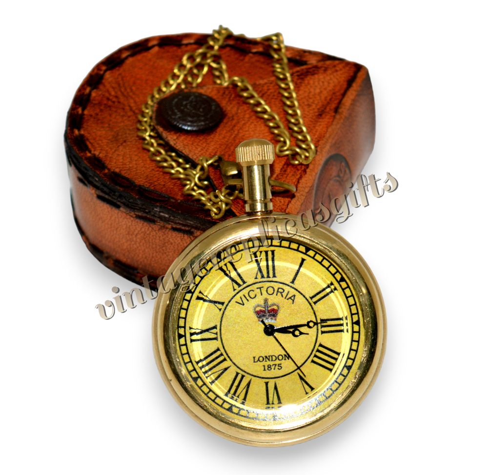 Vintage Brass Pocket Watch with Chain & case Classic Timepiece, Fully Functional