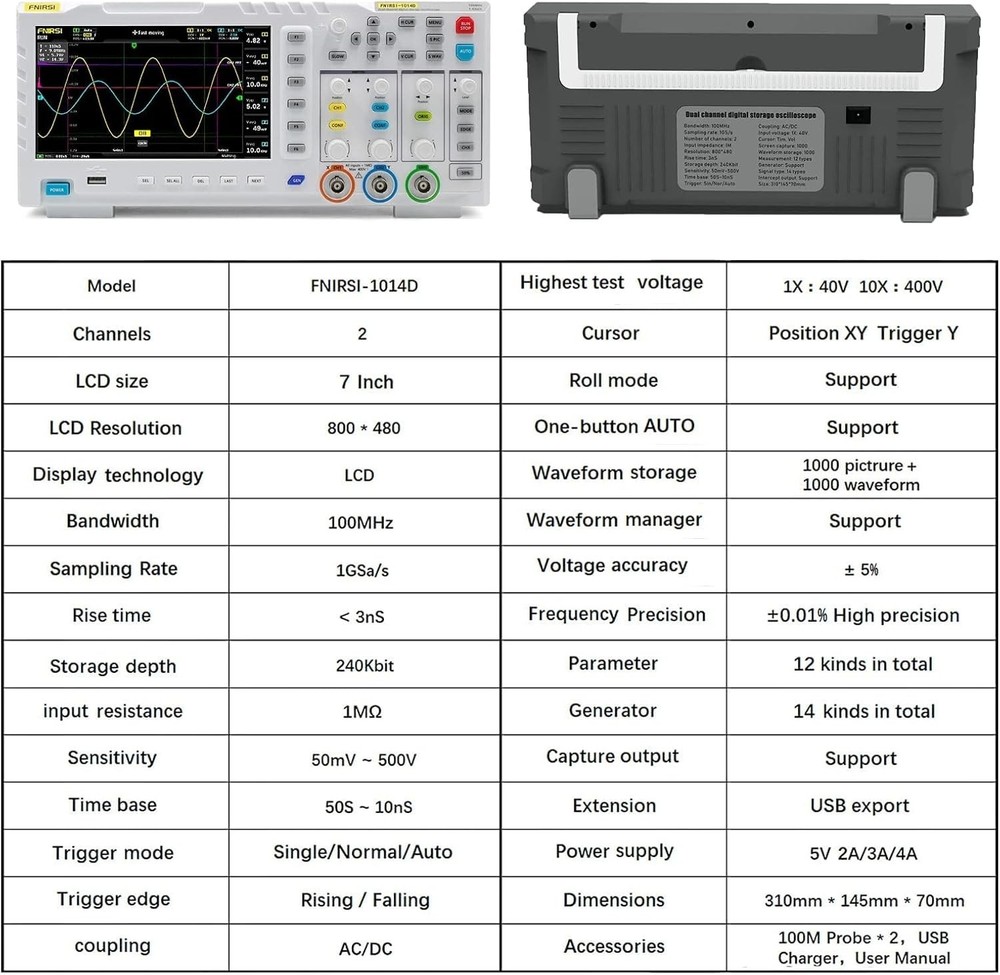 Real-Time Sampling Oscilloscope, 100MHz Bandwidth, Cursor Measurement Function