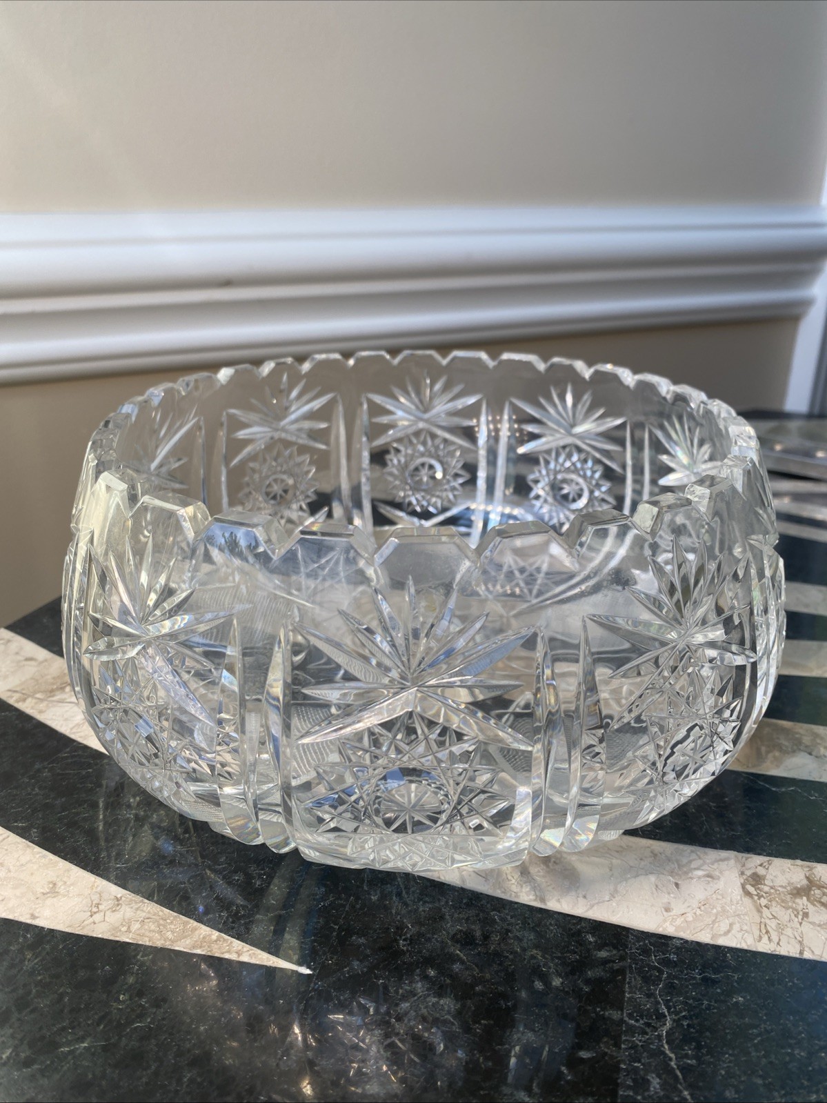 Vintage Hand-Cut ABP Crystal Bowl 8” Starburst & Fan Pattern Brilliant Sparkle
