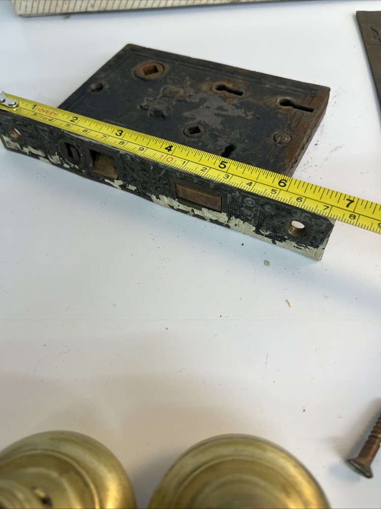 Antique RH Company Mortise Lock Set Brass Knobs Escutcheons Complete