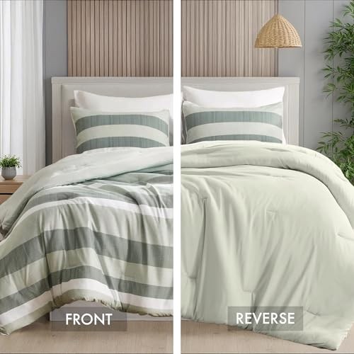 Comforter Set, 3 Pieces Striped Bed Set, Soft Brushed Microfiber King Sage