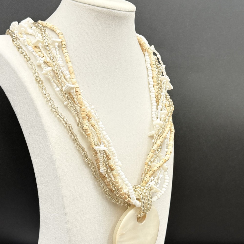 Vintage Cream Shell Disc Multi-Strand Bead Necklace Boho Statement