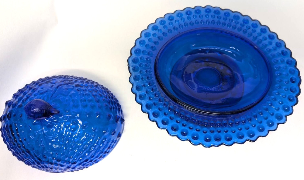 Vintage Cobalt Blue Covered Dish with Nautilus Shell handle