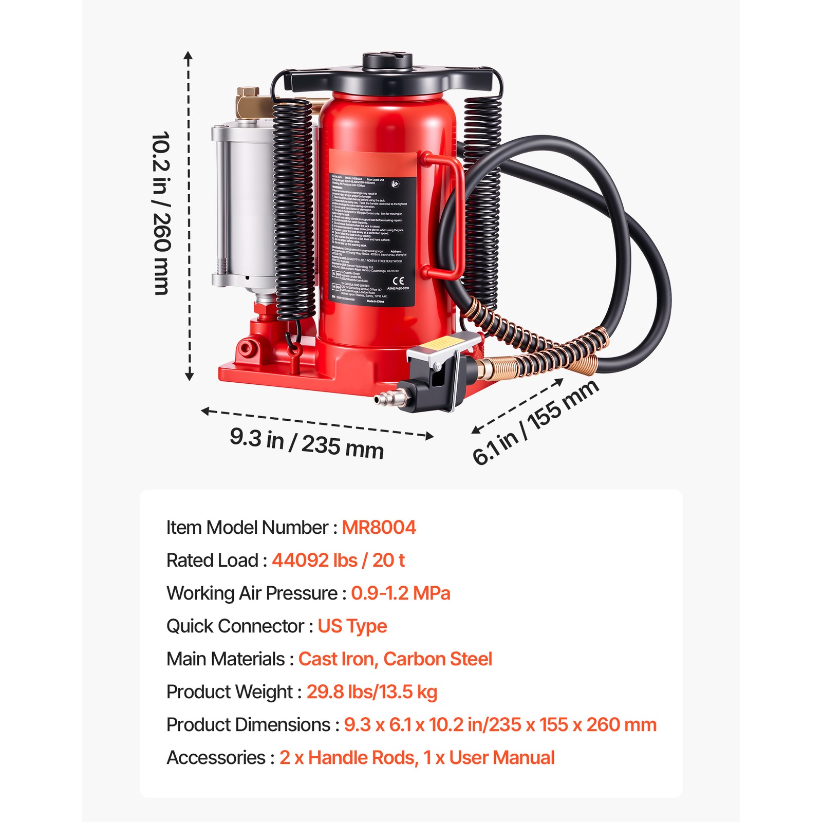 Uimoso 20-Ton Air Hydraulic Bottle Jack for Vehicle Lifting and Repairs, Red