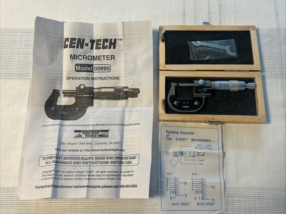 CEN-TECH MODEL 00895 ANALOG DIAL 0-1" MICROMETER W/ PAPERWORK & INSTRUCTIONS