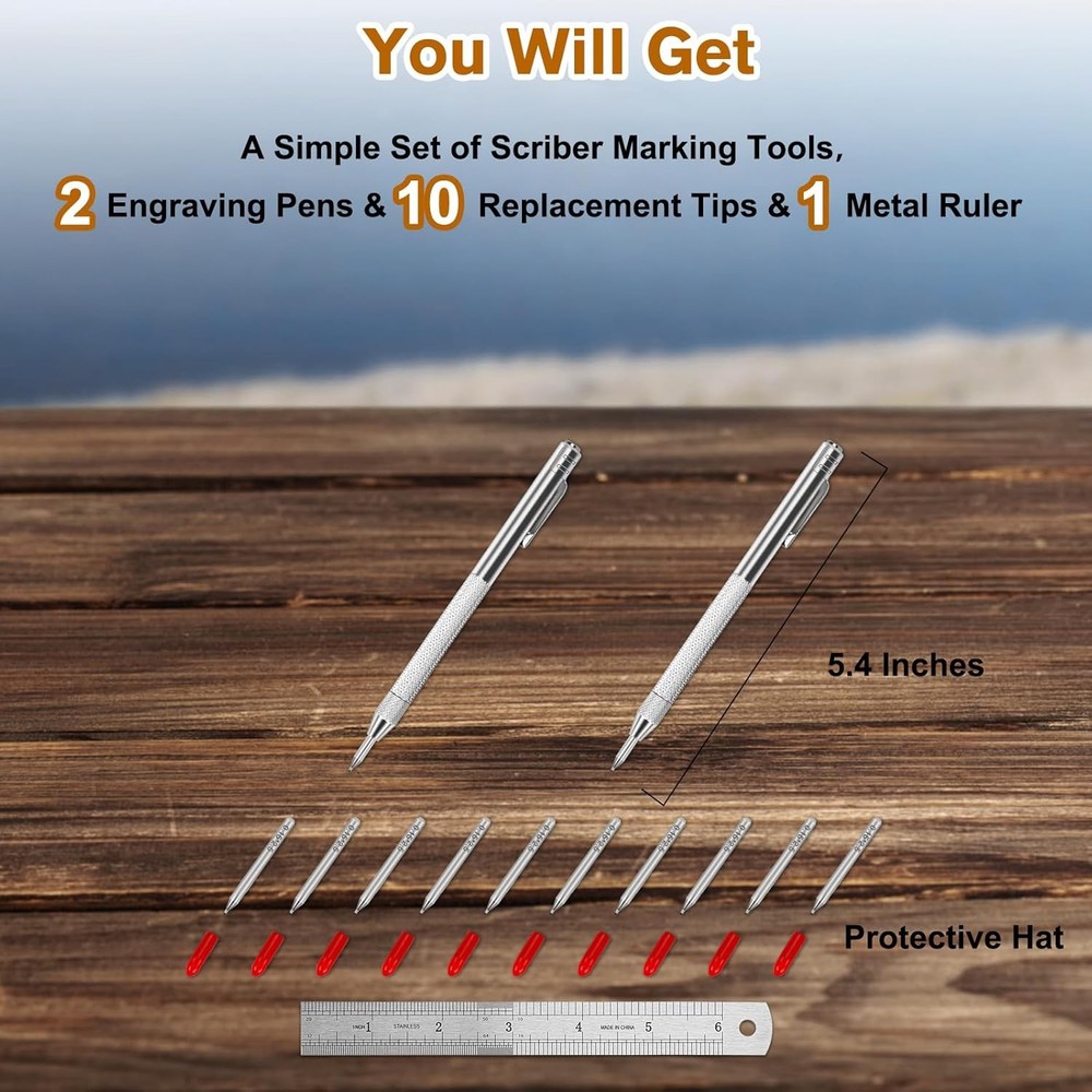 2 Pack Tungsten Carbide Tip Scriber Tool with 10 Refills 1 Ruler, Silver