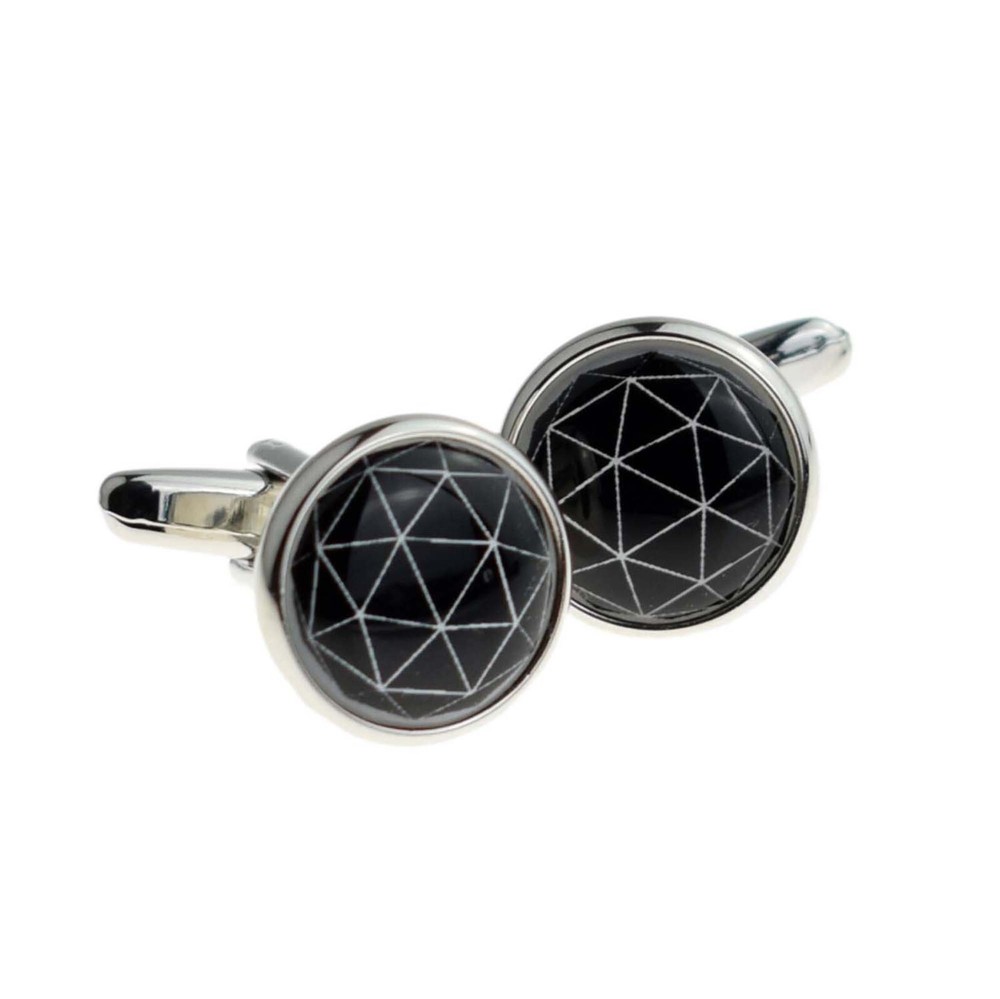 Black Geometric Design Round Cufflinks Presented in Gift Box